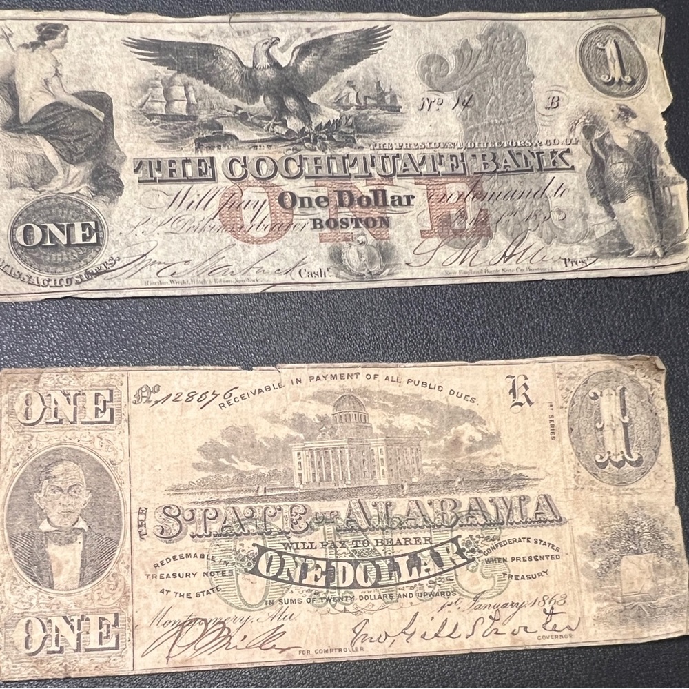 Civil War Era Paper Money Set : 1863 Alabama Confederate & Boston Obsolete Note